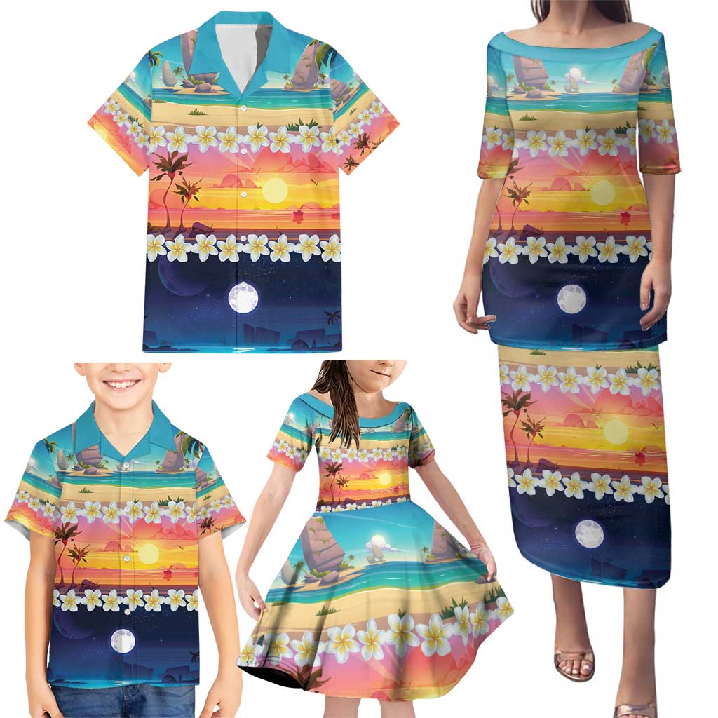 Hawaii Beach Landscape Time-Lapse Family Matching Puletasi and Hawaiian Shirt Tropical Plumeria Flowers - Polynesian Pride