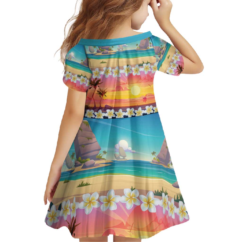 Hawaii Beach Landscape Time-Lapse Family Matching Short Sleeve Bodycon Dress and Hawaiian Shirt Tropical Plumeria Flowers - Polynesian Pride