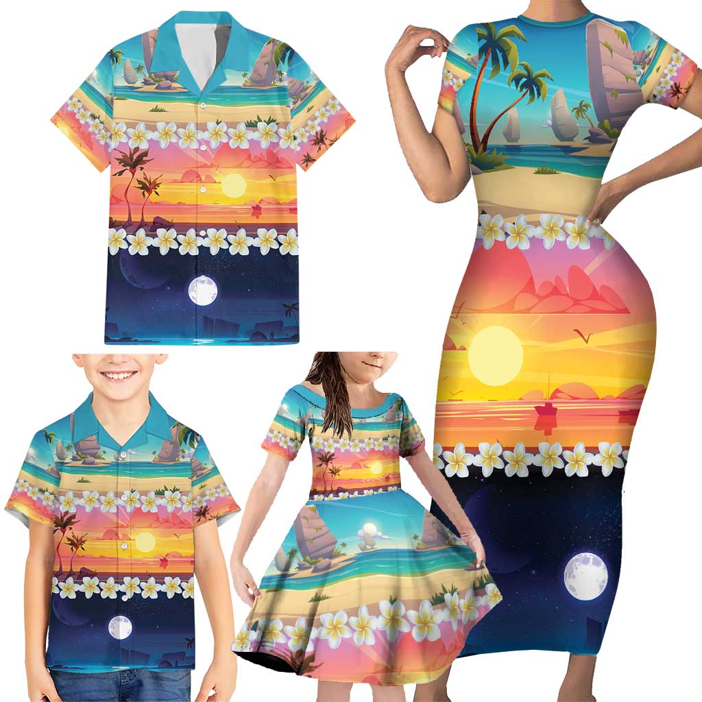 Hawaii Beach Landscape Time-Lapse Family Matching Short Sleeve Bodycon Dress and Hawaiian Shirt Tropical Plumeria Flowers - Polynesian Pride