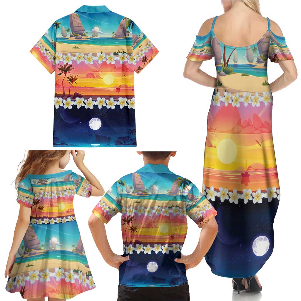 Hawaii Beach Landscape Time-Lapse Family Matching Summer Maxi Dress and Hawaiian Shirt Tropical Plumeria Flowers - Polynesian Pride