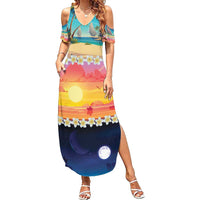 Hawaii Beach Landscape Time-Lapse Family Matching Summer Maxi Dress and Hawaiian Shirt Tropical Plumeria Flowers - Polynesian Pride