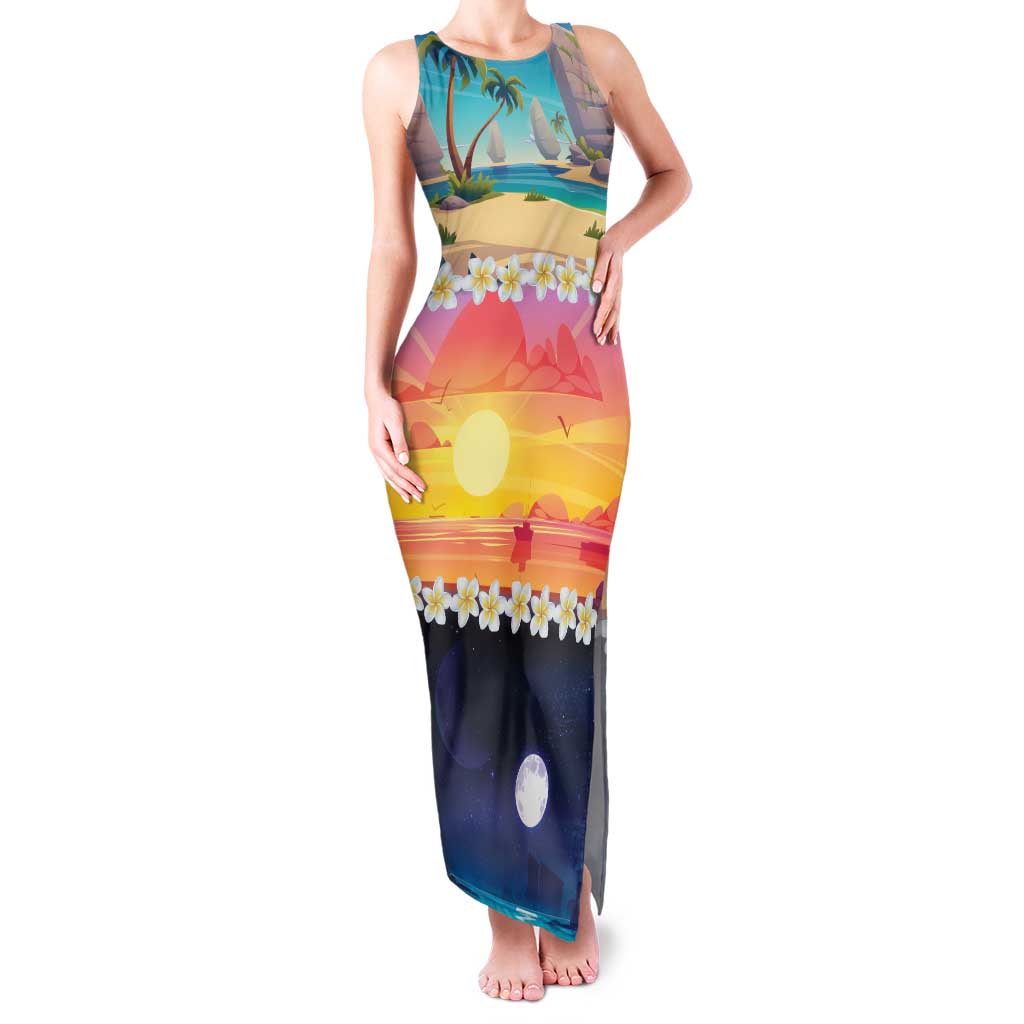 Hawaii Beach Landscape Time-Lapse Family Matching Tank Maxi Dress and Hawaiian Shirt Tropical Plumeria Flowers - Polynesian Pride