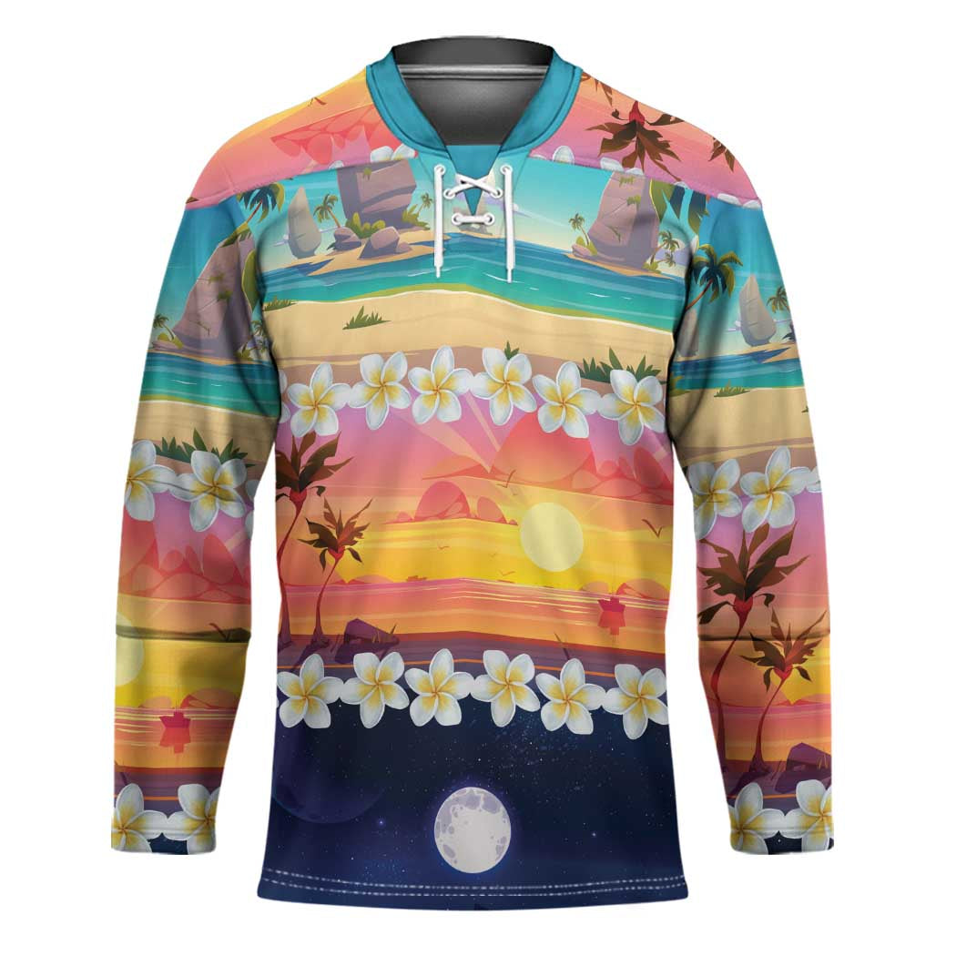 Hawaii Beach Landscape Time-Lapse Hockey Jersey Tropical Plumeria Flowers - Polynesian Pride