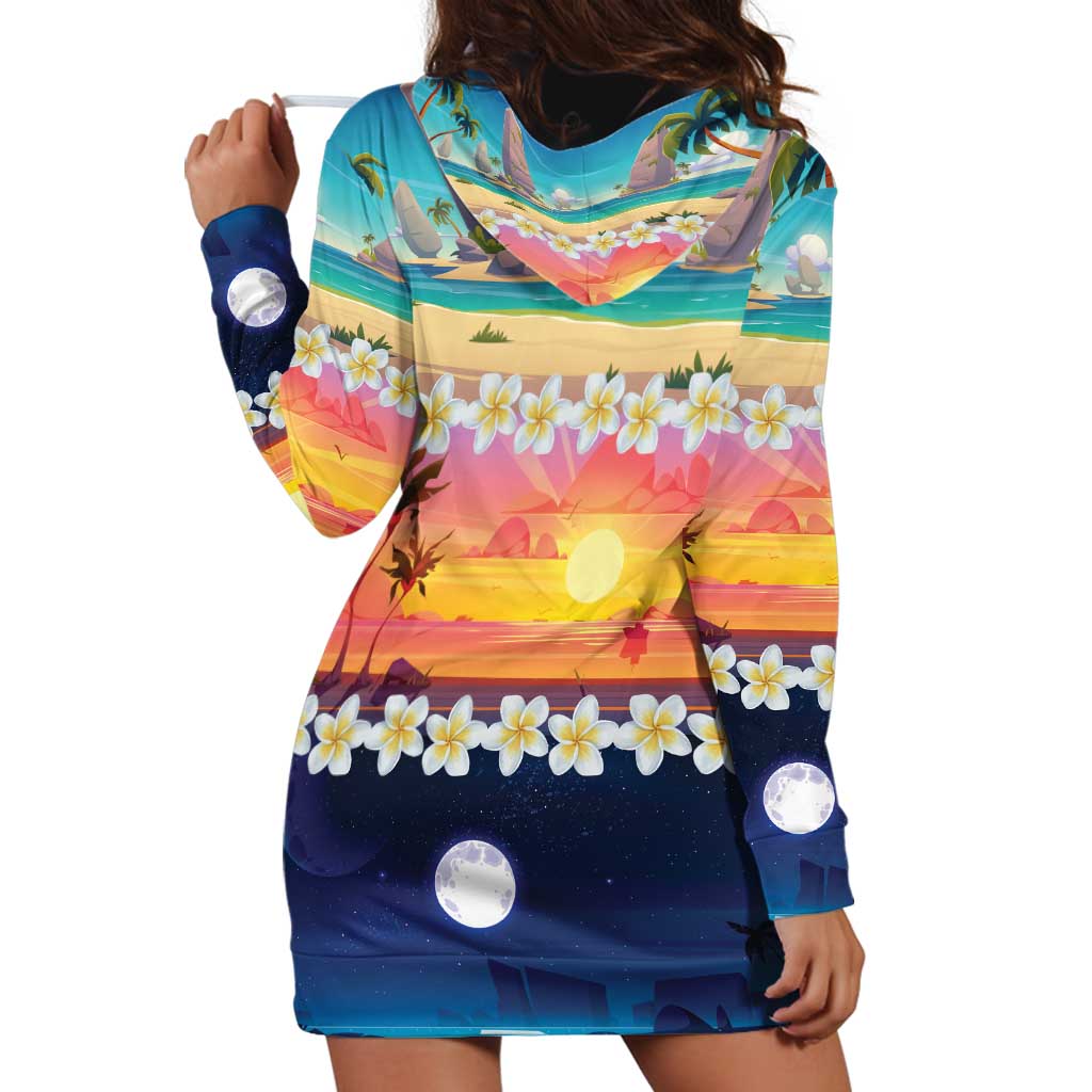 Hawaii Beach Landscape Time-Lapse Hoodie Dress Tropical Plumeria Flowers - Polynesian Pride