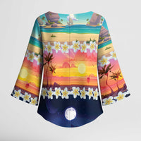 Hawaii Beach Landscape Time-Lapse Kimono Sleeve Blouse Tropical Plumeria Flowers - Polynesian Pride