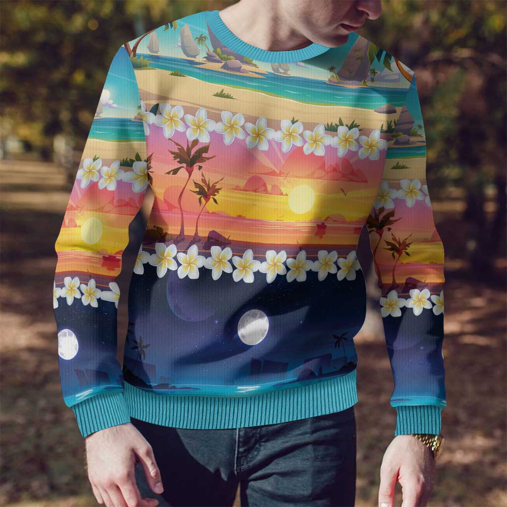 Hawaii Beach Landscape Time-Lapse Ugly Christmas Sweater Tropical Plumeria Flowers - Polynesian Pride