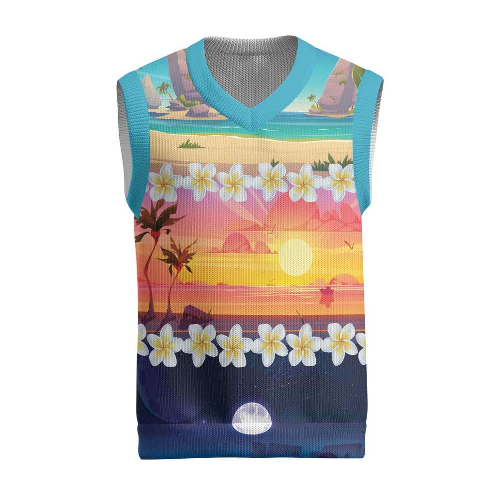 Hawaii Beach Landscape Time-Lapse Christmas Knitted V-Neck Vest Tropical Plumeria Flowers - Polynesian Pride