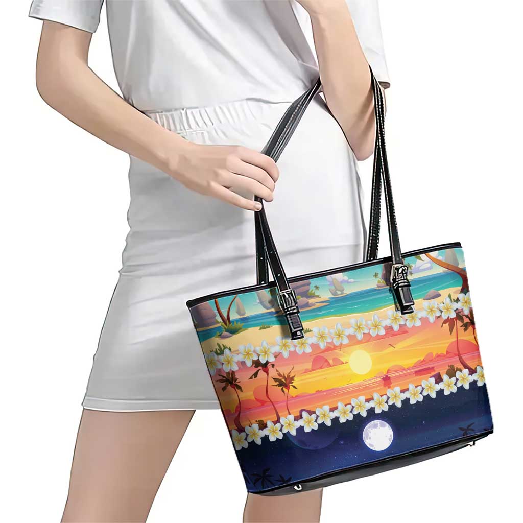 Hawaii Beach Landscape Time-Lapse Leather Tote Bag Tropical Plumeria Flowers - Polynesian Pride