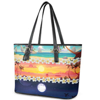 Hawaii Beach Landscape Time-Lapse Leather Tote Bag Tropical Plumeria Flowers - Polynesian Pride