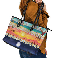 Hawaii Beach Landscape Time-Lapse Leather Tote Bag Tropical Plumeria Flowers - Polynesian Pride