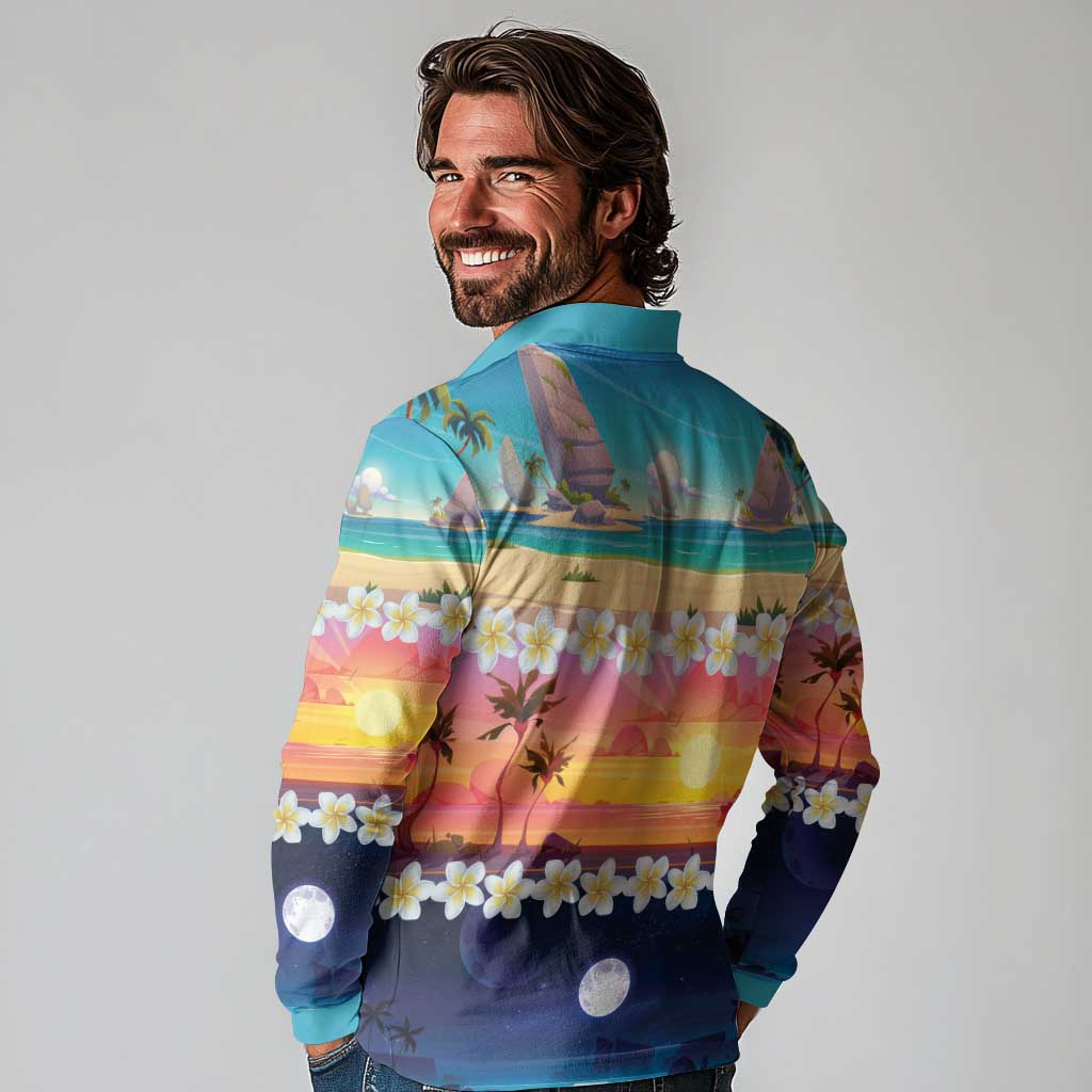 Hawaii Beach Landscape Time-Lapse Long Sleeve Polo Shirt Tropical Plumeria Flowers - Polynesian Pride