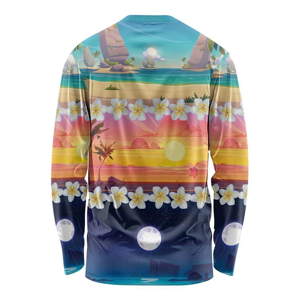 Hawaii Beach Landscape Time-Lapse Long Sleeve Shirt Tropical Plumeria Flowers - Polynesian Pride