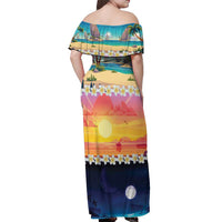 Hawaii Beach Landscape Time-Lapse Off Shoulder Maxi Dress Tropical Plumeria Flowers - Polynesian Pride