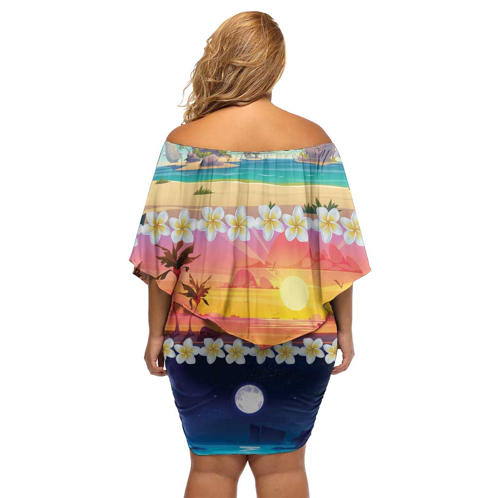 Hawaii Beach Landscape Time-Lapse Off Shoulder Short Dress Tropical Plumeria Flowers - Polynesian Pride