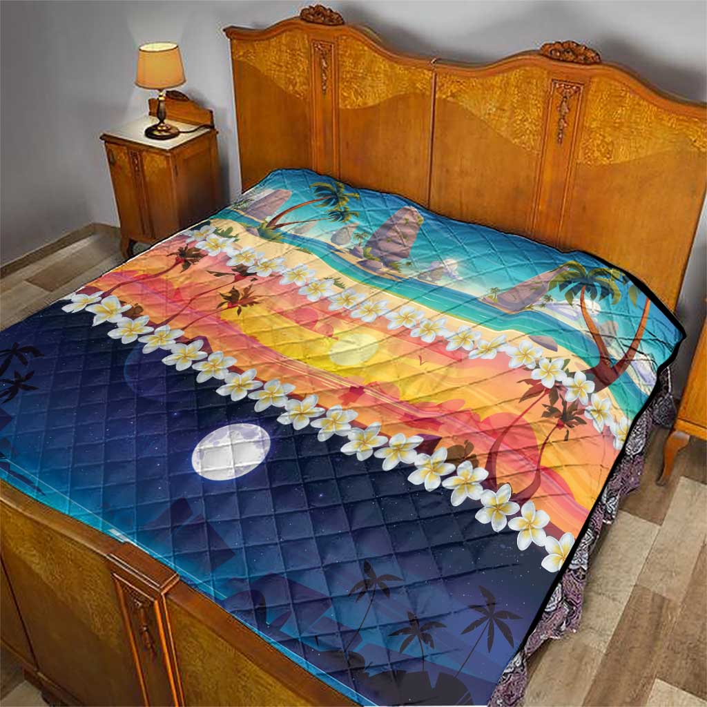 Hawaii Beach Landscape Time-Lapse Quilt Tropical Plumeria Flowers - Polynesian Pride