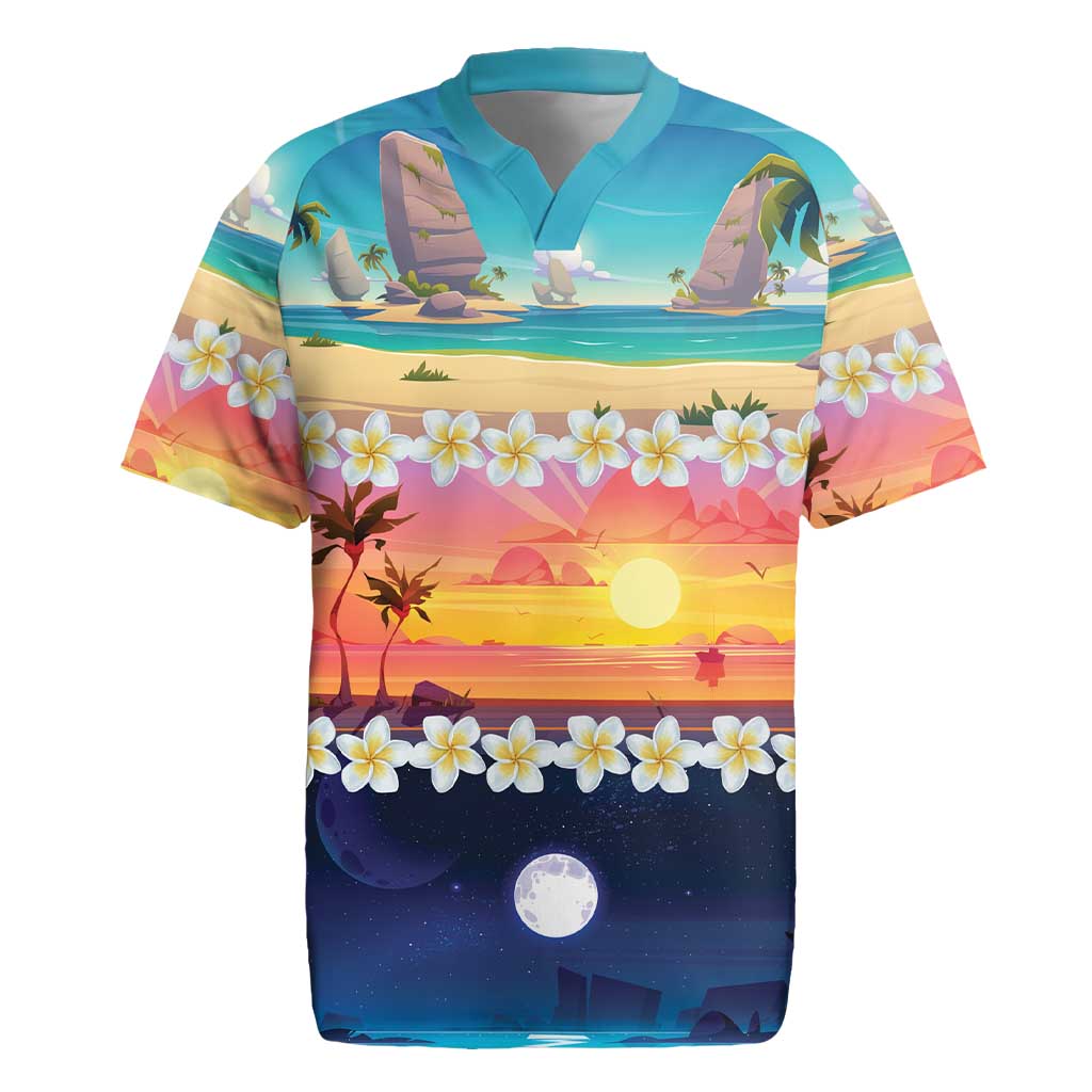Hawaii Beach Landscape Time-Lapse Rugby Jersey Tropical Plumeria Flowers - Polynesian Pride