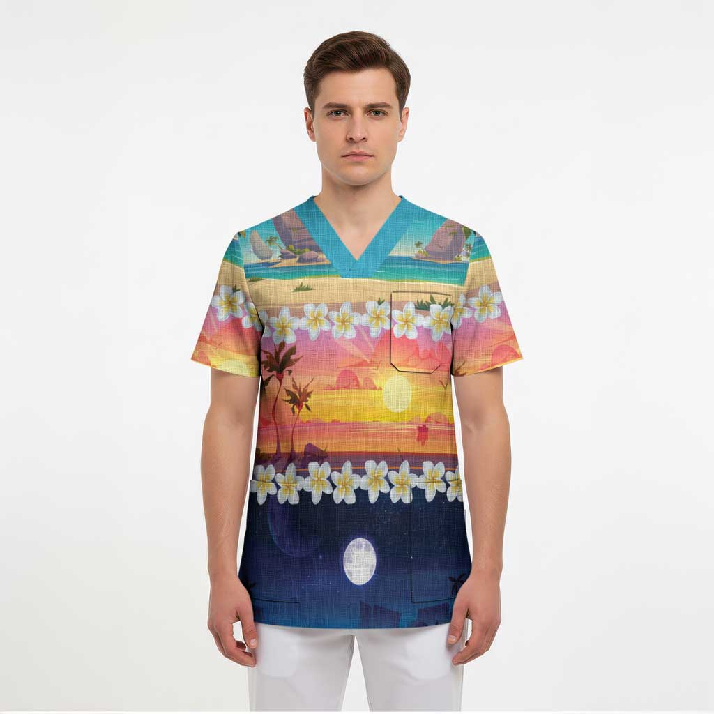 Hawaii Beach Landscape Time-Lapse Scrub Top Tropical Plumeria Flowers - Polynesian Pride