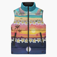 Hawaii Beach Landscape Time-Lapse Sleeveless Puffer Jacket Tropical Plumeria Flowers - Polynesian Pride