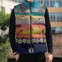 Hawaii Beach Landscape Time-Lapse Sleeveless Puffer Jacket Tropical Plumeria Flowers - Polynesian Pride