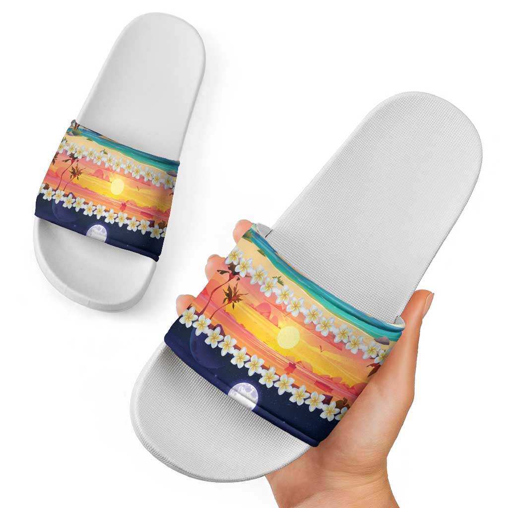 Hawaii Beach Landscape Time-Lapse Slide Sandals Tropical Plumeria Flowers - Polynesian Pride