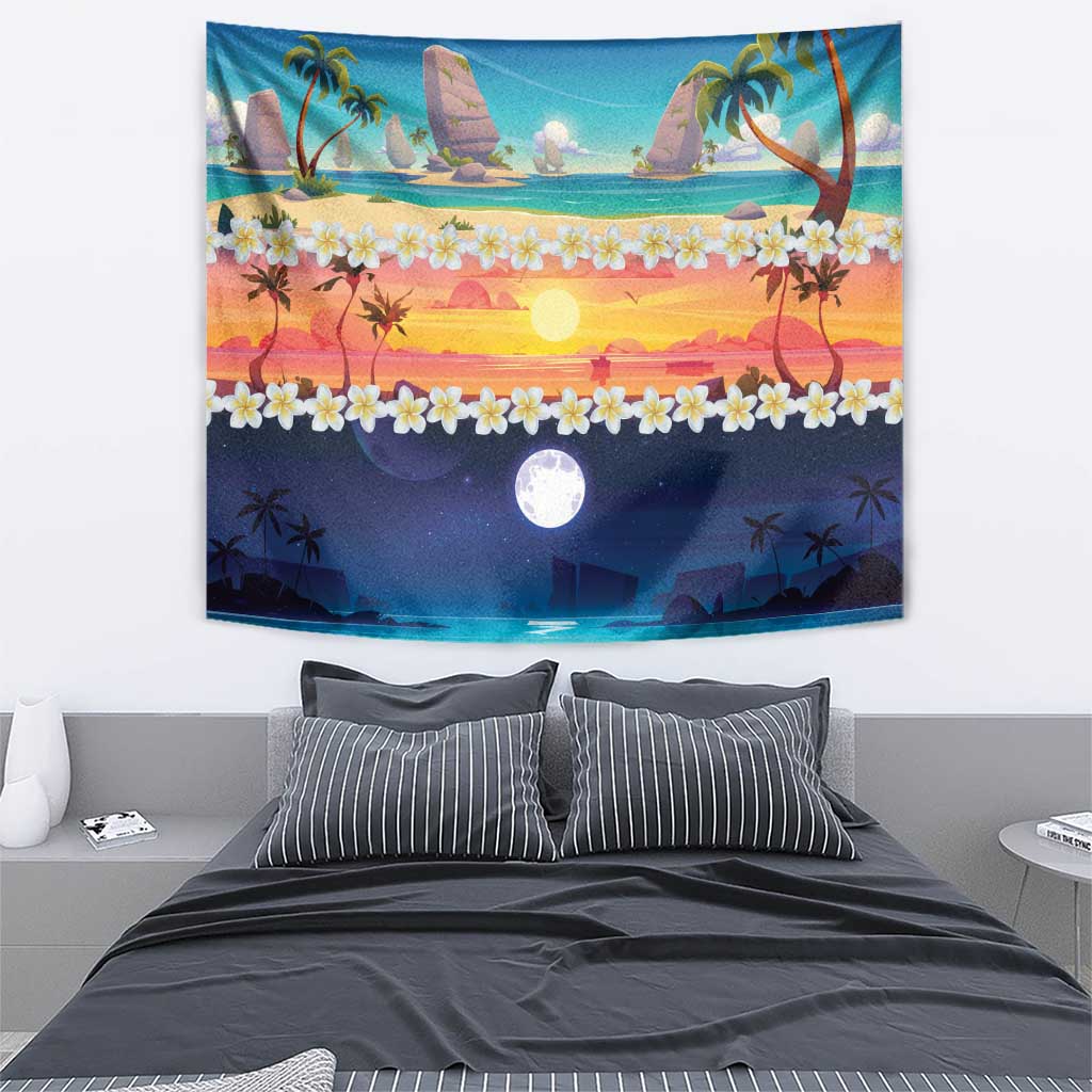 Hawaii Beach Landscape Time-Lapse Tapestry Tropical Plumeria Flowers - Polynesian Pride
