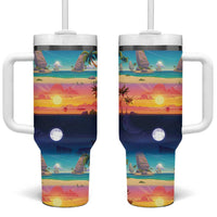 Hawaii Beach Landscape Time-Lapse Tumbler With Handle Tropical Plumeria Flowers - Polynesian Pride