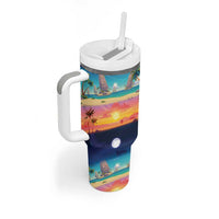 Hawaii Beach Landscape Time-Lapse Tumbler With Handle Tropical Plumeria Flowers - Polynesian Pride