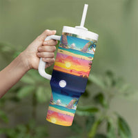 Hawaii Beach Landscape Time-Lapse Tumbler With Handle Tropical Plumeria Flowers - Polynesian Pride