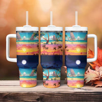 Hawaii Beach Landscape Time-Lapse Tumbler With Handle Tropical Plumeria Flowers - Polynesian Pride