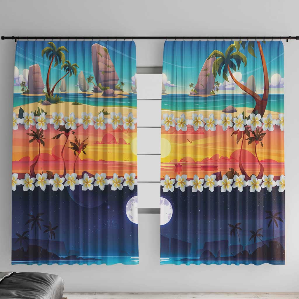 Hawaii Beach Landscape Time-Lapse Window Curtain Tropical Plumeria Flowers - Polynesian Pride