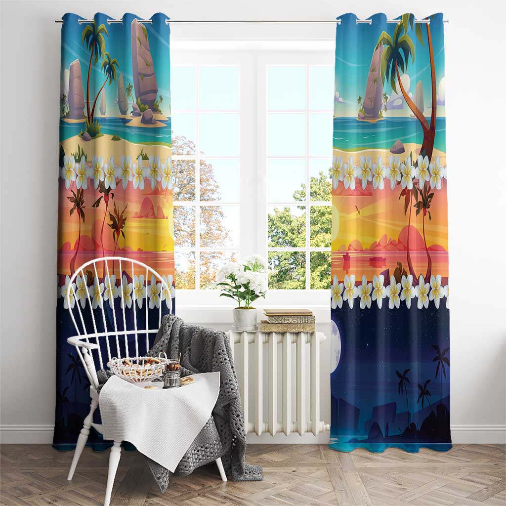 Hawaii Beach Landscape Time-Lapse Window Curtain Tropical Plumeria Flowers - Polynesian Pride