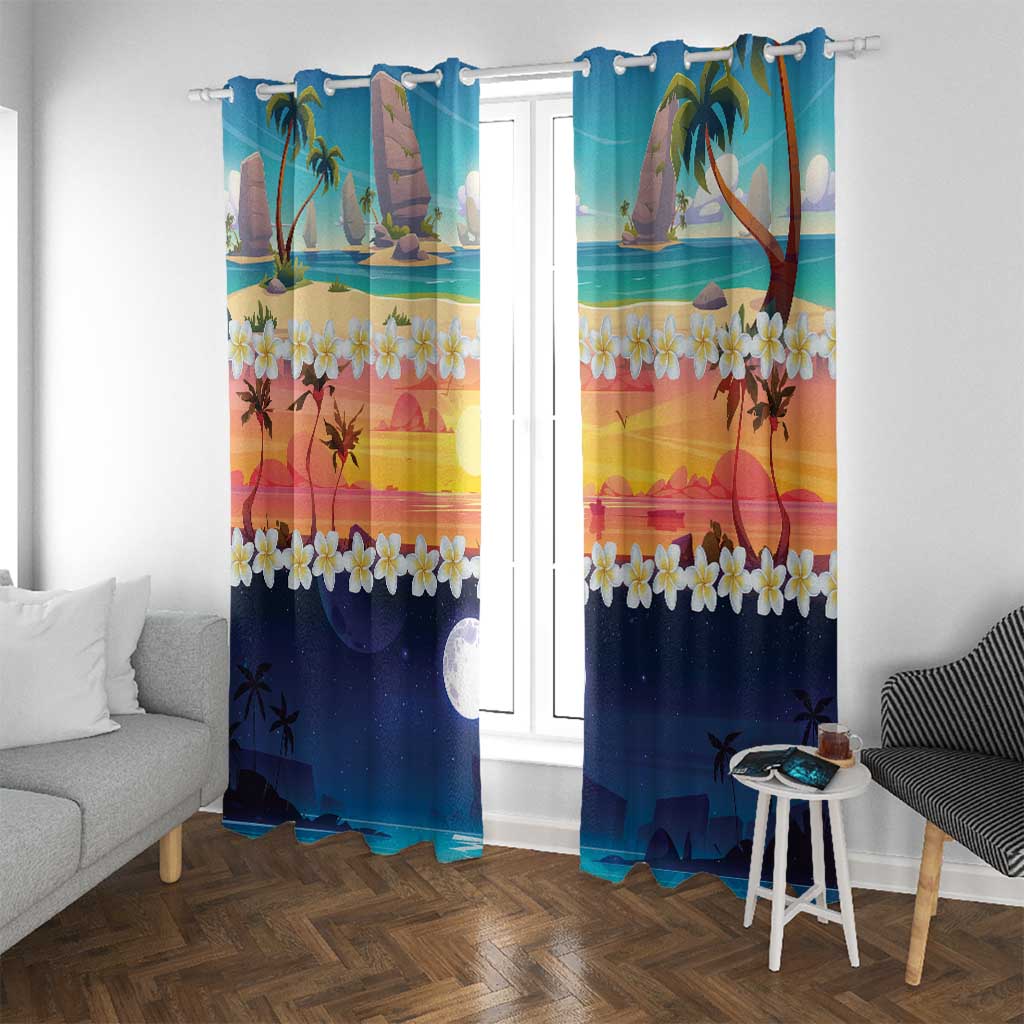 Hawaii Beach Landscape Time-Lapse Window Curtain Tropical Plumeria Flowers - Polynesian Pride