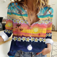 Hawaii Beach Landscape Time-Lapse Women Casual Shirt Tropical Plumeria Flowers - Polynesian Pride