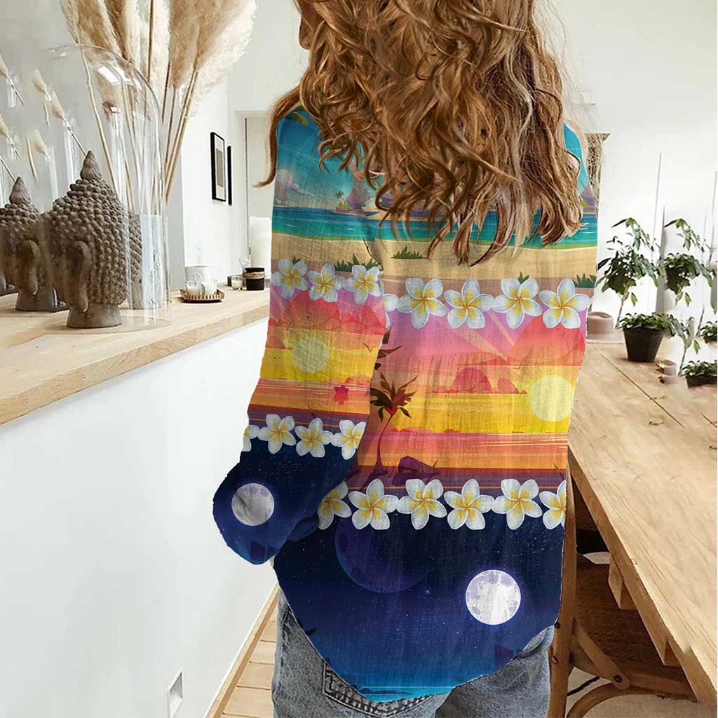 Hawaii Beach Landscape Time-Lapse Women Casual Shirt Tropical Plumeria Flowers - Polynesian Pride