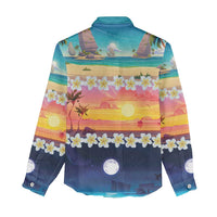 Hawaii Beach Landscape Time-Lapse Women Casual Shirt Tropical Plumeria Flowers - Polynesian Pride