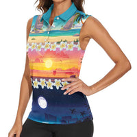 Hawaii Beach Landscape Time-Lapse Women Sleeveless Polo Shirt Tropical Plumeria Flowers - Polynesian Pride