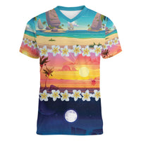 Hawaii Beach Landscape Time-Lapse Women V-Neck T-Shirt Tropical Plumeria Flowers - Polynesian Pride