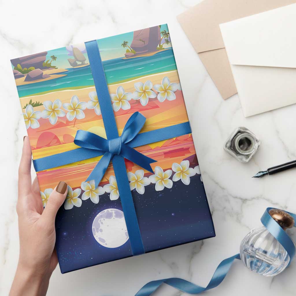 Hawaii Beach Landscape Time-Lapse Wrapping Paper Tropical Plumeria Flowers - Polynesian Pride