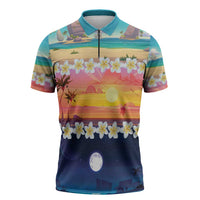 Hawaii Beach Landscape Time-Lapse Zipper Polo Shirt Tropical Plumeria Flowers - Polynesian Pride