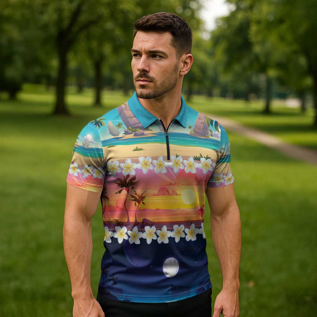 Hawaii Beach Landscape Time-Lapse Zipper Polo Shirt Tropical Plumeria Flowers - Polynesian Pride
