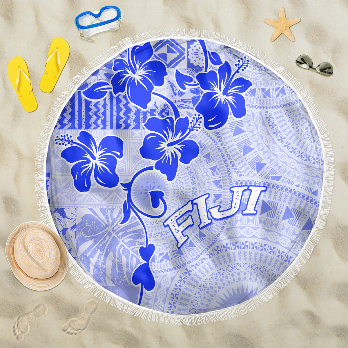 Fiji Masi With Hibiscus Tapa Tribal Beach Blanket Blue Pastel LT01 One Size 150cm Blue - Polynesian Pride