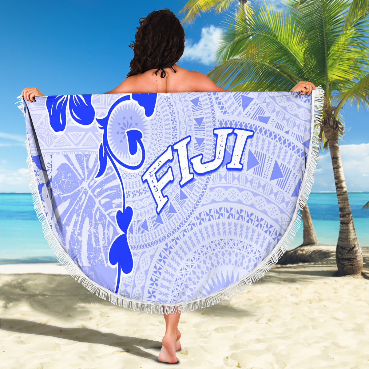 Fiji Masi With Hibiscus Tapa Tribal Beach Blanket Blue Pastel LT01 - Polynesian Pride