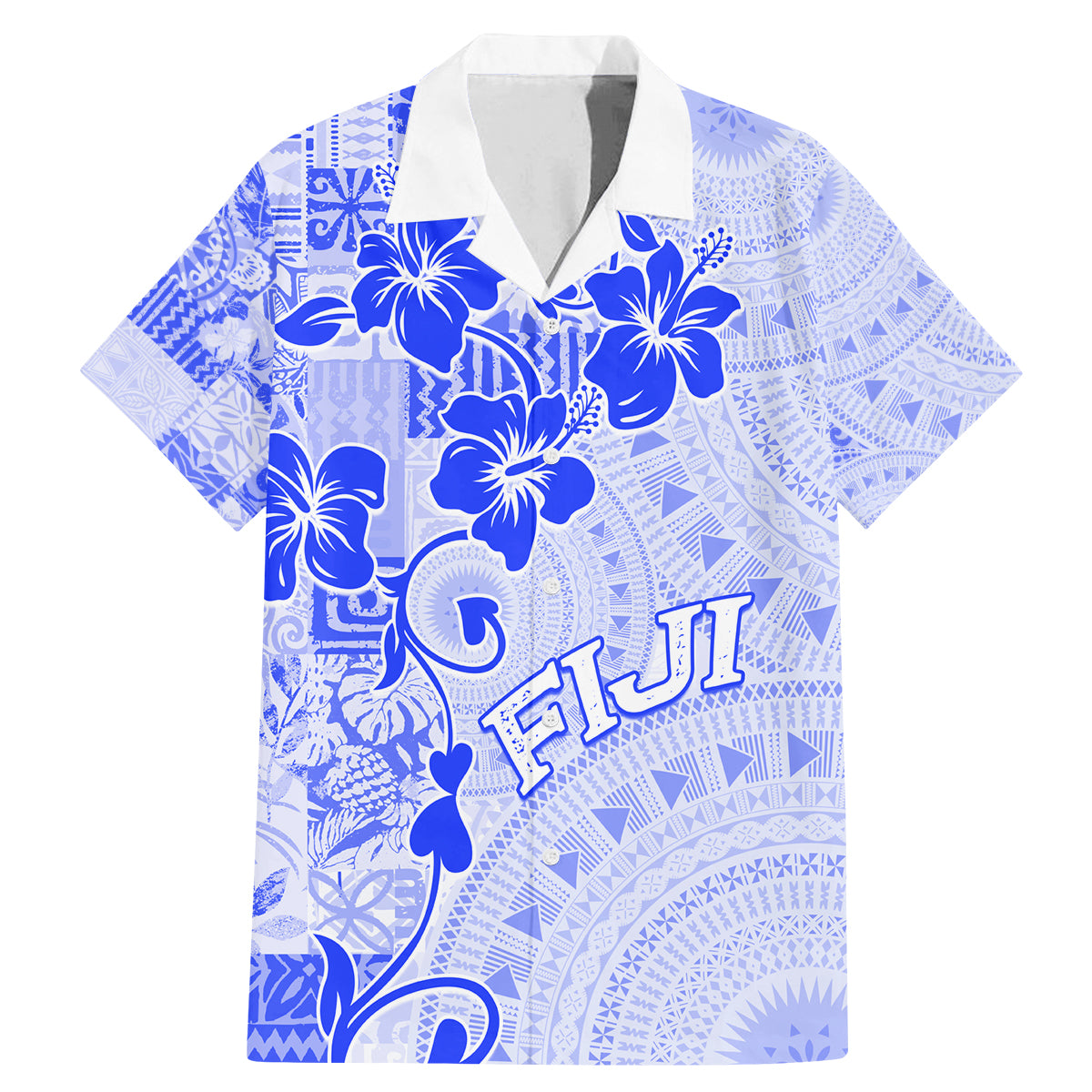Fiji Masi With Hibiscus Tapa Tribal Family Matching Mermaid Dress and Hawaiian Shirt Blue Pastel LT01 Dad's Shirt - Short Sleeve Blue - Polynesian Pride