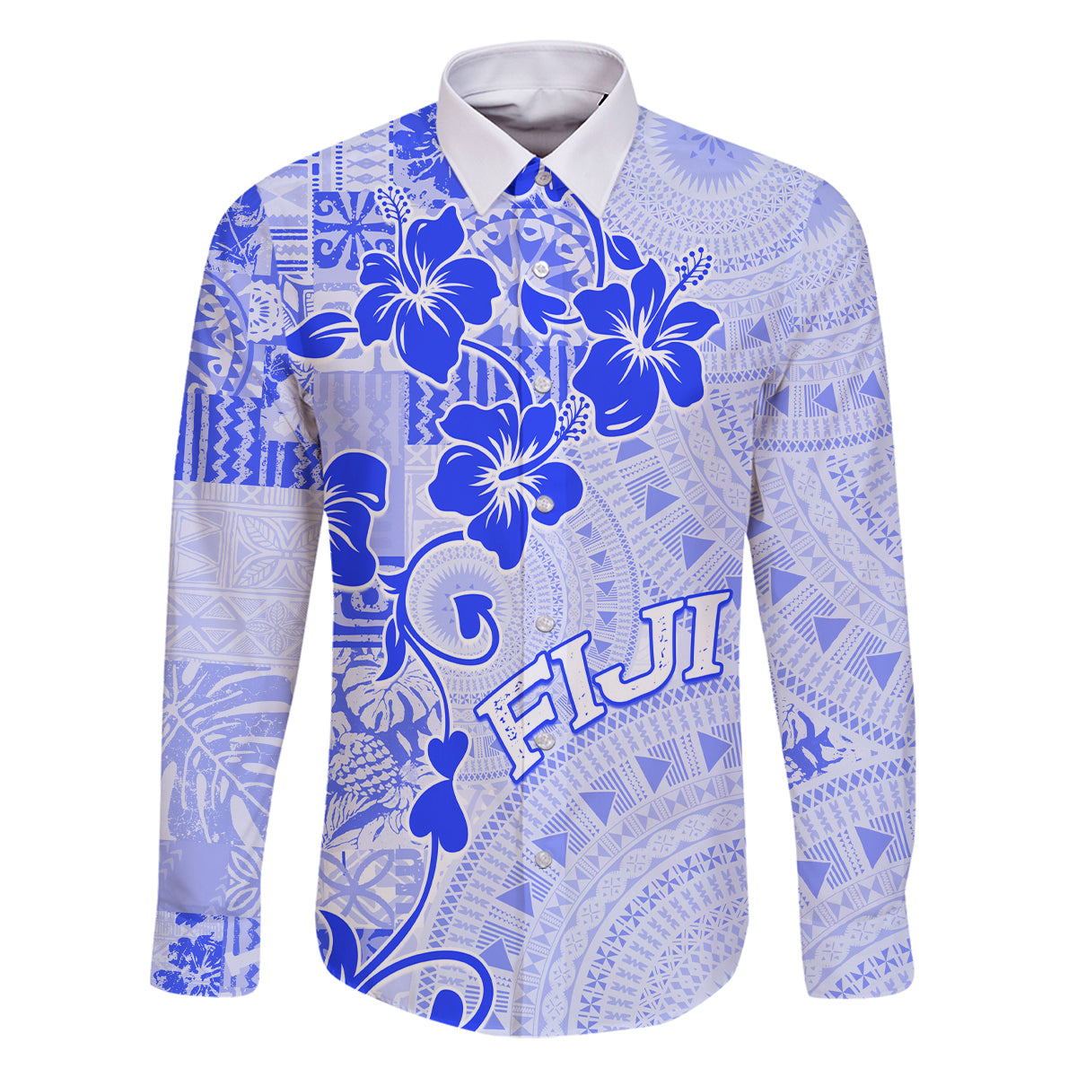Fiji Masi With Hibiscus Tapa Tribal Family Matching Off Shoulder Maxi Dress and Hawaiian Shirt Blue Pastel LT01 Dad's Shirt - Long Sleeve Blue - Polynesian Pride