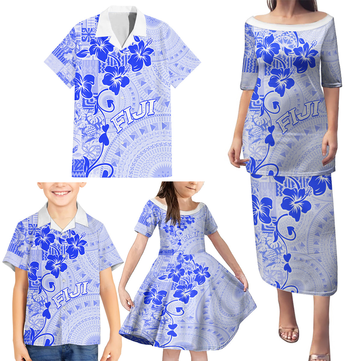 Fiji Masi With Hibiscus Tapa Tribal Family Matching Puletasi Dress and Hawaiian Shirt Blue Pastel LT01 - Polynesian Pride