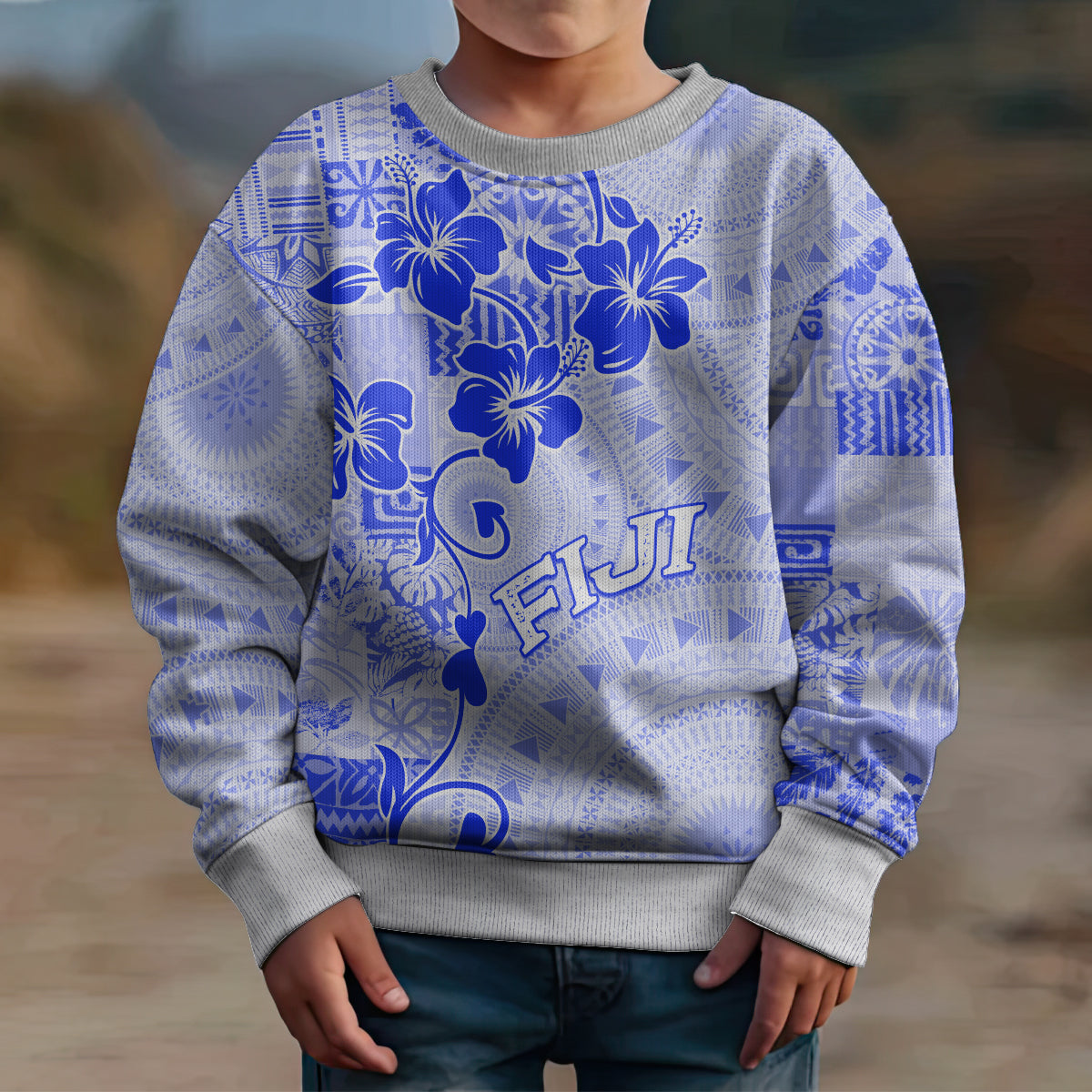 Fiji Masi With Hibiscus Tapa Tribal Kid Ugly Christmas Sweater Blue Pastel LT01 - Polynesian Pride