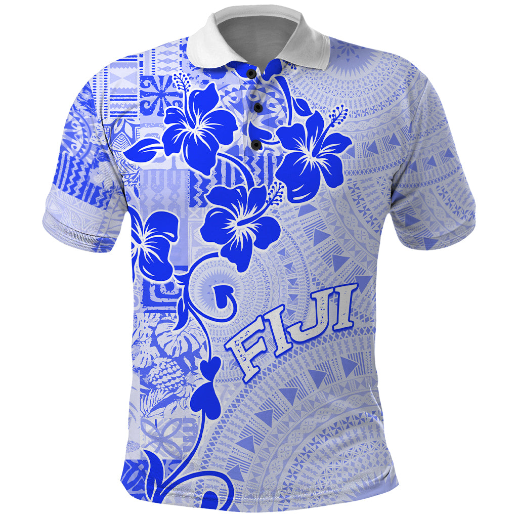 Fiji Masi With Hibiscus Tapa Tribal Polo Shirt Blue Pastel LT01 Blue - Polynesian Pride