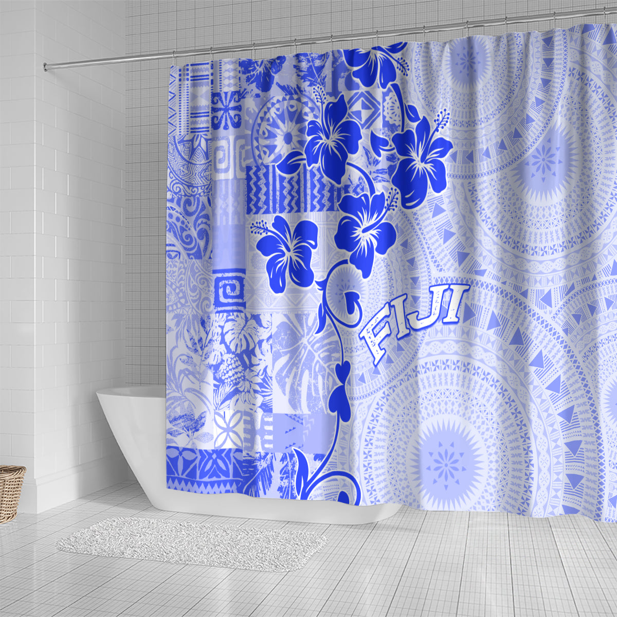 Fiji Masi With Hibiscus Tapa Tribal Shower Curtain Blue Pastel LT01 - Polynesian Pride