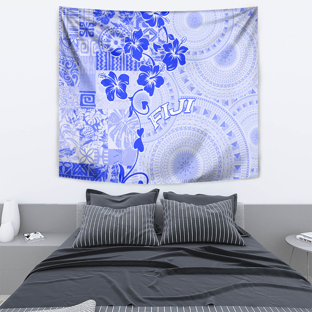 Fiji Masi With Hibiscus Tapa Tribal Tapestry Blue Pastel LT01 - Polynesian Pride