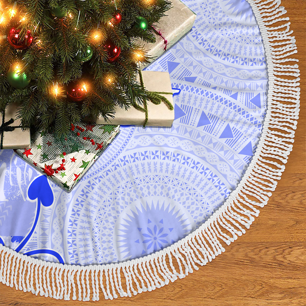 Fiji Masi With Hibiscus Tapa Tribal Tree Skirt Blue Pastel LT01 - Polynesian Pride